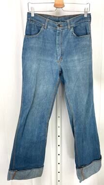 BRANDED LION VTG Hi Rise Flare Jeans Cord Trim Medium Wash Cotton Denim Blue